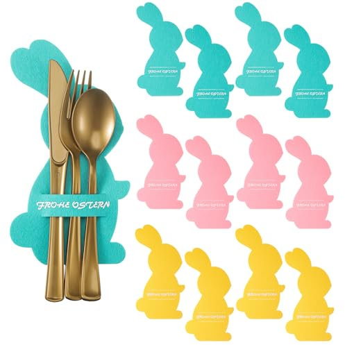 Perthlin 12 Stück Osterhase Bestecktasche Filz Frohe Ostern Besteckhalter Hasen Besteckbeutel Utensilientasche für Messer Gabel Löffel Geschirr Tischdeko Osterdekoration Rosa Grün Gelb