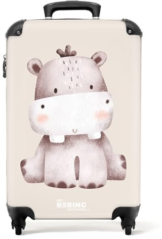 NoBoringSuitcases.com® Koffer Kinder Groß 67x43x25 cm Reisekoffer Kinderkoffer 4 Rollen Leicht Trolley Große M Hartschalenkoffer für Jugendliche Nilpferd - Niedlich - Grau