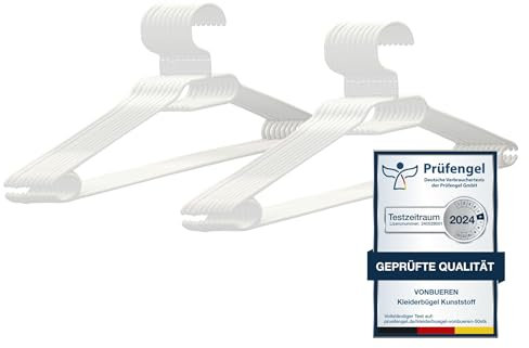 20 x Kleiderbügel weiß Plastik VonBueren | mit 360° Drehhaken | platzsparend | 100% Recyclingkunststoff | hergestellt in der EU | ca. 40,5 x 21 cm
