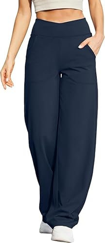 G4Free Yogahose Damen Lang Weite Jogginghose Hohe Taille Crossover Elegant Straighthose Bauchkontrolle Schlaghose Sporthose mit Taschen(Dunkelblau,XL)
