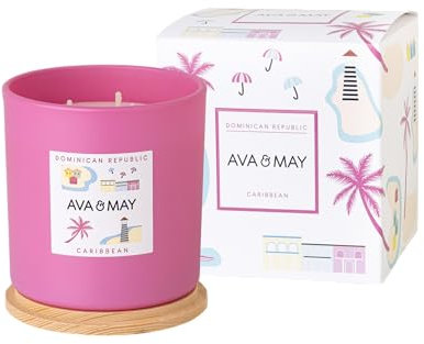 AVA & MAY Dominican Republic Große Duftkerze (380 g) – vegane Sojawachs-Kerze mit 55 Stunden Brenndauer – mit hochwertigem Duftöl aus Kokosnuss, Orchideé und Tonkabohne