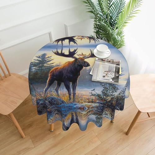 DNBCLEZK Runde Tischdecke mit Hirschmotiv, bedrucktes Polyester, staubdicht, schrumpffrei, Tischdecke für Abendessen, Dekoration, Tischdecke