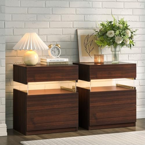 Cubehom Juego de 2 mesitas de noche LED con cajones, mesitas de noche modernas para dormitorio, salón, oficina, nogal oscuro