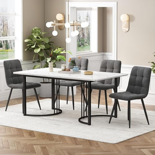 KUAKE Esstisch-Set mit 4 Stühlen 140x80 cm, Essgruppe mit 4 Stühlen aus Leinen, Küchen-Esstisch für Zuhause & Familie, Schwarz Metall Tischbeine + 4 Stühlen(Dunkelgrau-B)
