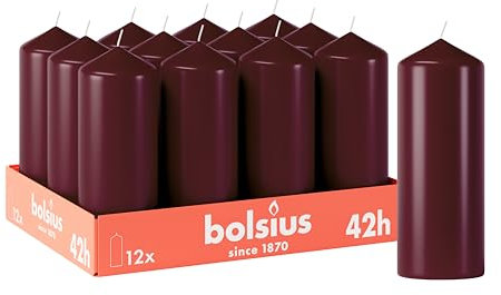 Bolsius Glatte Stumpenkerzen - Bordeauxrot - 12 Stück - 15 x 6 cm - Dekorative Haushaltkerzen - Brenndauer 42 Stunden - Unparfümierte - Enthält Natürliches Pflanzenwachs - Ohne Palmöl