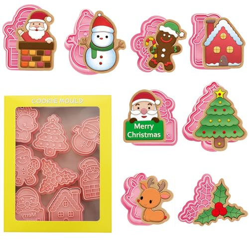 Mainiusi Ausstechformen Weihnachten 8 Stück, Keksausstecher Weihnachten 3D Ausstecher Weihnachten Keksstempel Plätzchenausstecher Stempel Weihnachten Backen Zubehör für Selbstgemachte Kekse Schokolade