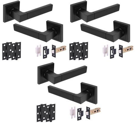 Hunta HANDLEZONE® 3 Sets Reno Internal Door Handle Pack, Complete with Lever Handles on Square Rose, 76mm Latch, 75mm Ball Bearing Hinges - Black Matt