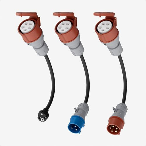 dé Adapter Set CEE 32A 5-Pole per 22kW Caricatore EV/Stazione di Ricarica a CEE Rosso 16A / Blu 16A / Presa Domestica 230V con Cavo in Gomma 0,5m H07RN-F 3G2.5mm² IP44 per Uso Esterno