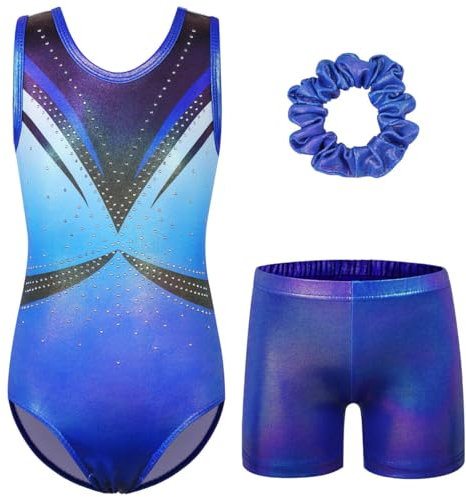 ZNYUNE Mädchen Turnanzug mit hose Haarband Set gymnastikanzug Kinder Shorts trikot turnen Ärmellos/Langarm Kleidung klassisch Turnbody B381 BlackBlue 10A