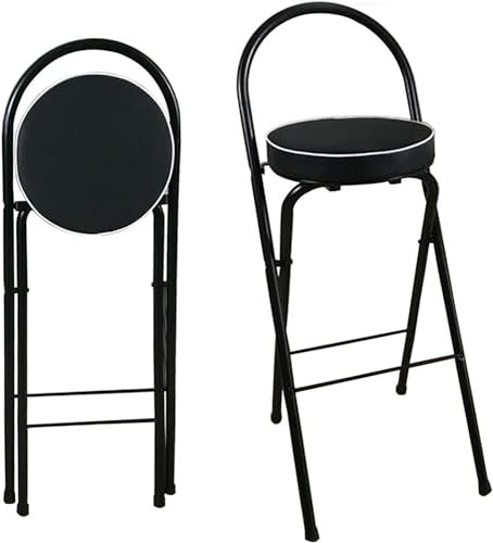 Sgabello da bar pieghevole nero con supporto posteriore e poggiapiedi, sedile rotondo imbottito per casa, cucina, ufficio, feste, altezza 65 cm