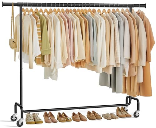 SONGMICS Kleiderständer auf Rollen, Garderobenständer, hochbelastbar, ausziehbare Kleiderstange, bis 110 kg belastbar, 45 x (160-200) x 162,9 cm, aus Metall, verchromt, mattschwarz HSR176B01