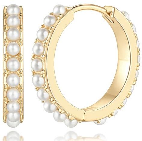 Degerde Pearl Earrings for Women, 14K Gold, Pearl Earrings for Women, Small Gold Pearl Earrings, Dainty Pearl Earrings, Elegant Gold Pearl Huggie Hoop Earrings, 13mm/18mm, 18mm, Yellow Gold, No
