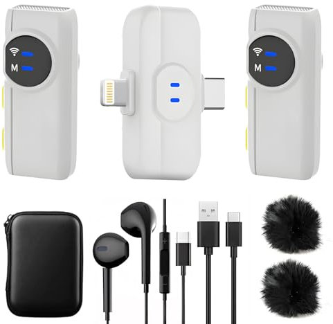 A5-Basic Micrófono de solapa inalámbrico para iPhone,Android, mini micrófono con clip, reducción de ruido,alcance 100m, batería 10h,para Youtube,video,vlog,podcast, ASMR y streaming- Blanco(2TX + 1RX)