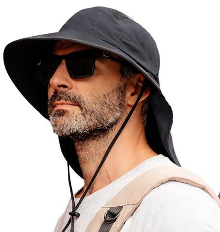 TOP-EX XL/XXL Unisex Sonnenhut Herren Breite Krempe Sonnenschutzhut mit Nackenschutz Sonnenbrillenhalter Outdoor Safari Sommerhut Wasserdicht & Faltbar Dunkelgrau L/XL