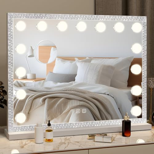 eklipt Schminkspiegel mit Beleuchtung Hollywood Spiegel mit RGB Tischspiegel 18 LED Licht 3 Lichtfarben Wandspiegel mit USB 10X Vergrößerung Touch Control (Weiß,15LED,58 X 45cm)