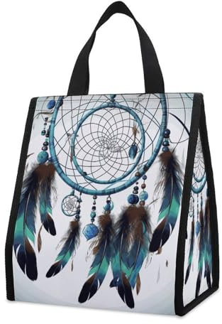 QMNVBDS Isolierte Lunchbox, Motiv: Indianer-Traumfänger, große Lunchtasche, auslaufsichere Kühltasche, wiederverwendbar, faltbar, Lunch-Tasche mit Tasche, niedliche Lunchbox für Erwachsene, Damen,