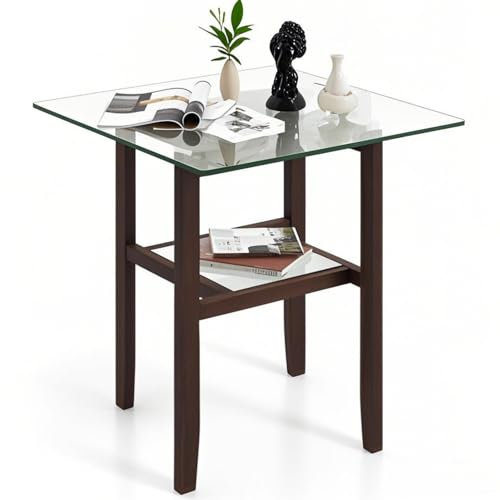 LIFEZEAL Bout de Canapé, Table d'appoint en Bois Massif et Verre Trempé, 2 Étagères, Vintage, Max 68 kg, 61x61x62 cm, Assemblage Facile, Brun Rustique (61x61x62 cm)