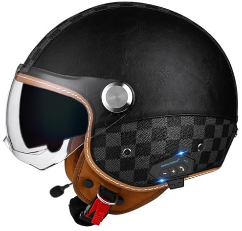 VVPEC Casque Moto Jet Bluetooth Casque Scooter Ouvert Casques Motocross avec Double Visière ECEDOT Homologué Casques Moto avec Microphone Intégré pour Hommes Adultes Femmes(6,L=59~60cm)