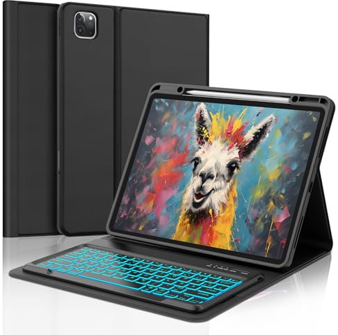 SENGBIRCH Hülle mit Tastatur für iPad Pro 12.9 6./5./4./3. Gen - Deutsches QWERTZ Beleuchtete Tastatur Magnetische Kabelloser Bluetooth Abnehmbar für iPad Air 13 (M3 2025/M2 2024), Schwarz