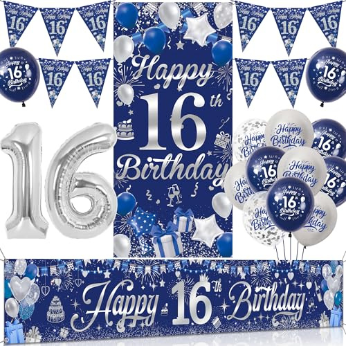 Tasoraor 16 Geburtstag Deko Junge Set - Blau Silber Geburtstagsdeko mit Große Happy 16 Birthday Banner, Konfetti Ballons Wimpel und XXL Zahlen Luftballon für 16 Geburtstag Dekoration