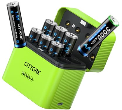 CITYORK Lot de 8 Piles AA Rechargeables au Lithium avec Chargeur, 1,5 V Haute capacité 3000 mWh, Batterie au Lithium AA avec boîte de Rangement intégrée