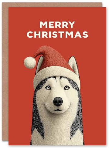 Artery8 Christmas Card Dog Lover Cute Siberian Husky Wearing Santa Hat