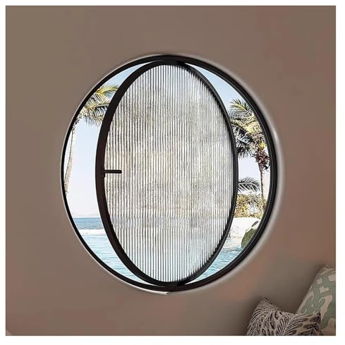 360° Drehbares Rundfenster mit Aluminiumrahmen und Gehärtetem Glas, Bullauge Schiebefenster für Belüftung, Lichtkontrolle und Privatsphäre(Black(Water ripple glass),50cm)