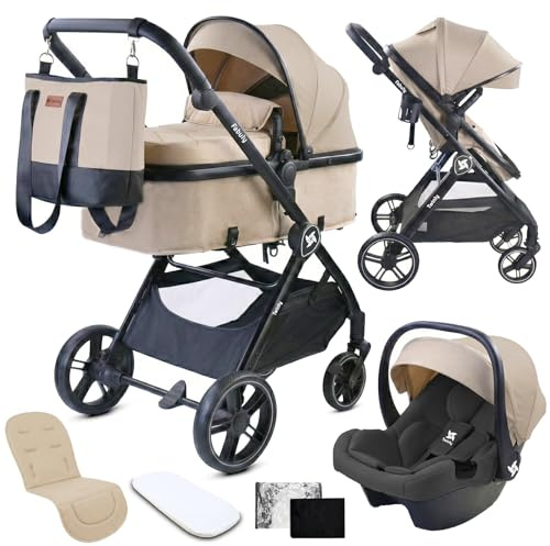 Twinly Kinderwagen 3 in 1 Komplettset – Leichter Kombikinderwagen ab Geburt – inkl. Babyschale, Wanne & Buggy – Mit Regenschutz, Moskitonetz & Getränkehalter- FABULY – Faltbar & Kompakt – [Beige]