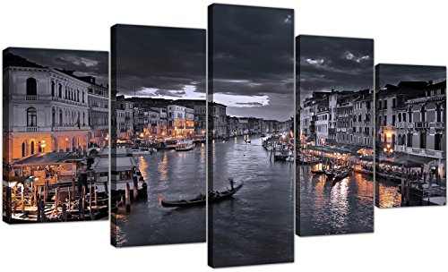 Wallfillers Extra Large Black and White Venice Grand Canal Italy - Landscape Canvas Split 5 Panel - 160cm Wide - 5229