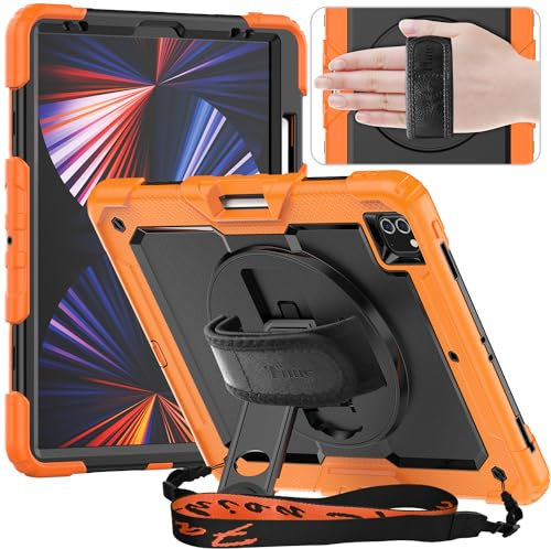 Timecity Funda para iPad Pro 12.9(6.ª/5.ª/4.ª/3.ª Generación, Funda Anticaída con Protector de Pantalla,Correa de Mano giratoria 360&Soporte,Portalápiz,para iPad Pro 6th Gen 12,9 Case,Naranja