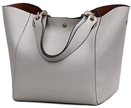 Coolives Damen 2 in 1 Shopper Schultertasche aus PU-Leder Vintage Taschen Hobo Handtasche Elegant Henkeltasche Eimer Tasche für Dame Grau EINWEG