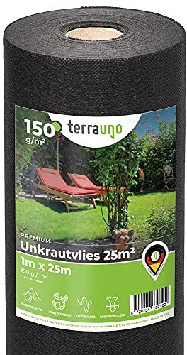 TerraUno Unkrautvlies 150 g/m², 25m x 1m = 25 m² Unkrautfolie auf der Rolle, wasserdurchlässig, atmungsaktiv & nährstoffdurchlässig, Gartenvlies gegen Unkraut für den Gartenbau