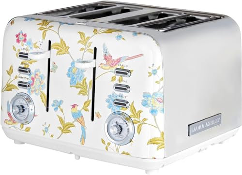 VQ Laura Ashley Grille Pain 4 Tranches avec Modes de Chauffage, Décongélation et Réchauffage Réglables. Inox Grille Pain Vintage avec un Support de Réchauffage Pour Croissants - Elveden Blanc