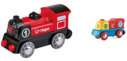 Hape E3703 Eisenbahn Batteriebetriebene Lokomotive Nr. 1, Rot/Schwarz & Bunte Lok Tapfere kleine Lokomotive Ausschaltknopf, Lokomotive, Lackierung in rot, gelb und blau