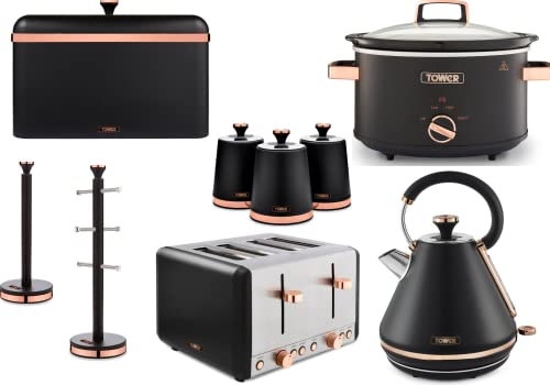Tower Cavaletto 3KW 1.7L Pyramid Kettle, 4 Slice 1800W Toaster, 3.5L Slow Cooker, Bread Bin, 3 Canisters, Mug Tree & Towel Pole in Black Rose Gold. Matching Kitchen Set of 9 Items