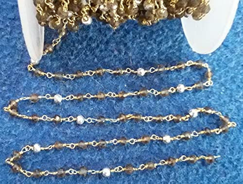 LKBEADS 5 Feet Natural Smoky Quartz Silver Pyrite Beaded Chain - Gold Plated Wire Wrapped Chain - Faceted 3-4mm