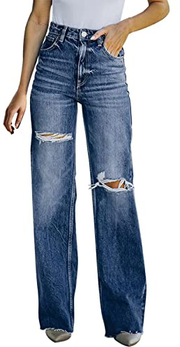 L9WEI Y2k Jeans Déchiré pour Femme Taille Haute Baggy Denim Pantalon Large Droit Streetwear pour Adolescentes Filles, Z05-a, M