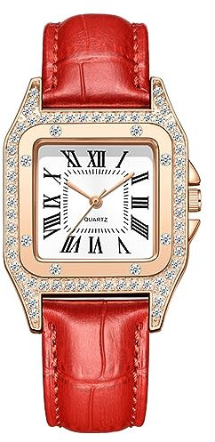 JewelryWe Uhren Damen Leder Quadratisch - Elegant Glitzer Strass Analog Quarz Armbanduhr Frauen Lässige Uhr mit Quadratischem Römischen Ziffern Zifferblatt und Rot Leder Armband