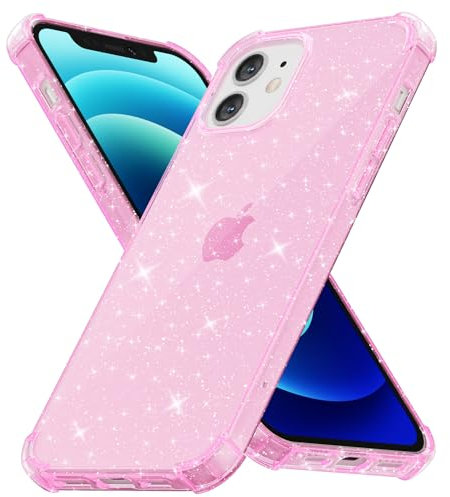 Svanove for iPhone 12 Mini Phone Case Clear Glitter, Cute Sparkle Bling Sparkly Shiny Cover for Women Girly Aesthetic Design, Transparent Thin Slim Flexible Soft TPU, Non-Yellowing, Pink