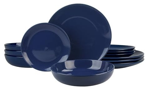 12 Piece Coupe Stoneware Dinnerware Set with Dinner Bowl, Service for 4, Cobalt Blue