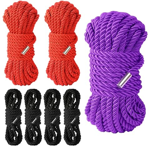 Sfcaris Silk Soft Rope, Skin Friendly Soft Silky Ropes, Durable Multipurpose Color Braided Long Ropes (4x8ft Black+2x16ft red+32ft Purple)