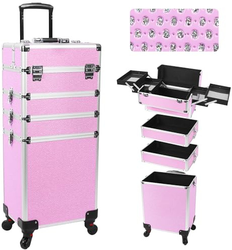 CHUANGJIN Professional Rolling Makeup Case with Wheels, 5-in-1 Makeup Train Case, Cosmetic Makeup Trolley Cart Travel Cosmetology Case On Wheels with Key for Hairstylists, Nail Tech, Pink, Classic