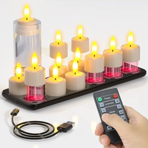 PChero 12er Aufladbare Teelicher mit Ladestation und Timer, LED Teelichter Wiederaufladbar mit Fernbedienung, Wasserdicht Elektrische Kerzen Flackernd für Home Zimmer Halloween Weihnachten Party Deko