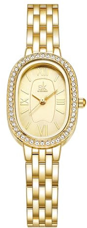 SK Ovale Damenarmbanduhr aus massivem legiertem Stahl mit Kristallbesatz (Gold)