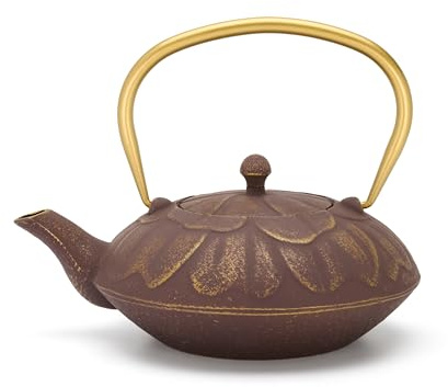 Cast Iron Jug 1.3 Litre Induction – Large Asia Teapot Made of Cast Iron Purple with Gold-Coloured Handle & Stainless Steel Tea Filter Strainer Insert – Ideal for Loose Teas