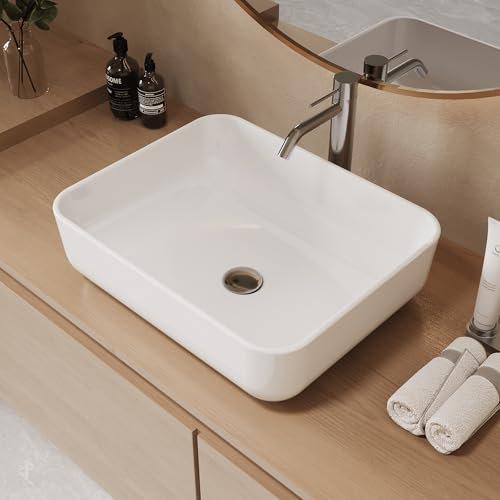 MIJIC - Fregadero de baño de 19.7 x 15.7 pulgadas, lavabo rectangular de cerámica blanco para encimera, fregadero pequeño de porcelana para baño, lavabo moderno