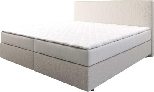 DELIFE Boxspringbett Dream-Well Bouclé Creme-Weiß 200x200 cm mit Taschenfederkernmatratze und Topper Visco
