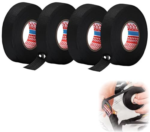 4 Stück 19mm x 12m Kabelbaum Klebeband,Gewebeband,Gewebeklebeband,Filzband,Gewebeband Schwarz,Stoffklebeband,Stoff Klebeband,Kabel Isolierband,für Kabelbäume,Haushalt Motorrad