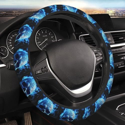 Lenkradbezug 3D-Druck Blauer Totenkopf Auto Lenkradhülle Anti-Rutsch Lenkrad Abdeckung Universal Lenkradschutz Für SUV Fahrzeuge Autos 38CM