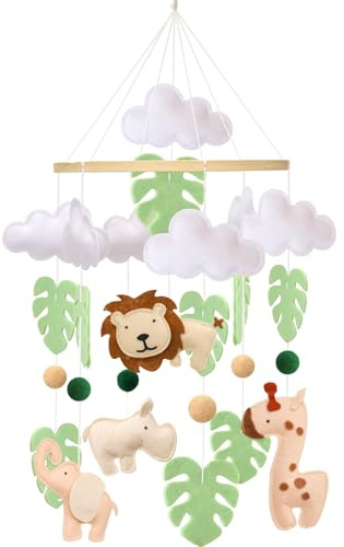 Ueiwffzo Giraffe Löwe Mobile Baby Windspiel Elefant Wald Tiere Babybett Mobile, Grüne Blätter Baby Mobiles Krippe, Hängende Bettglocke, Babybett Anhänger für Babyzimmer Decor